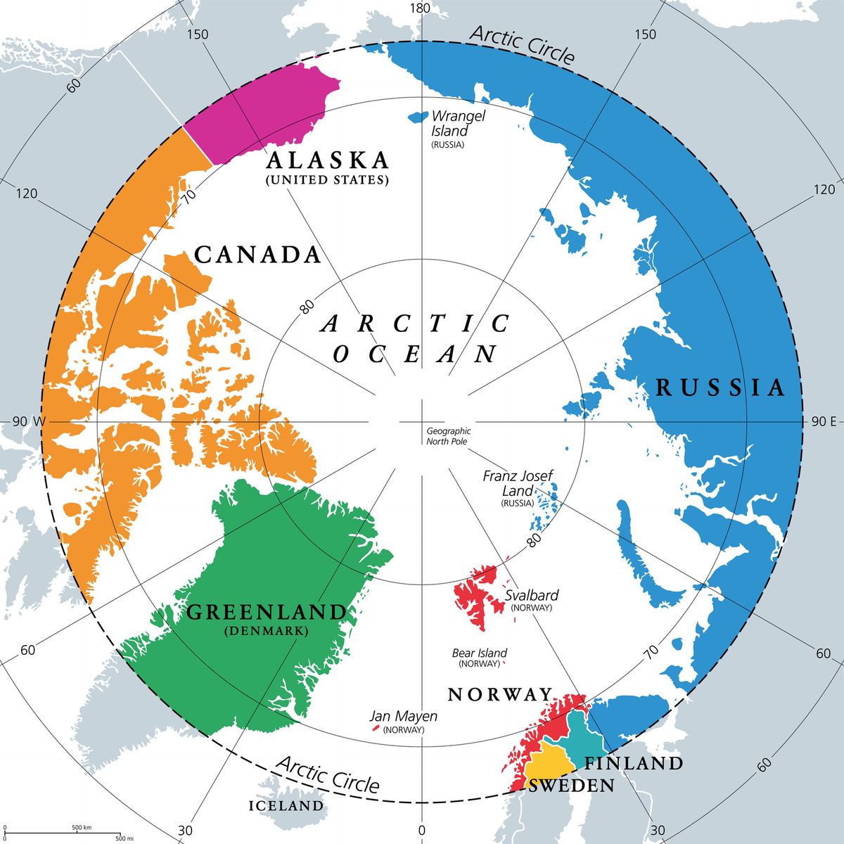 Countries within the Arctic Circle, Arctic Region countries, political map