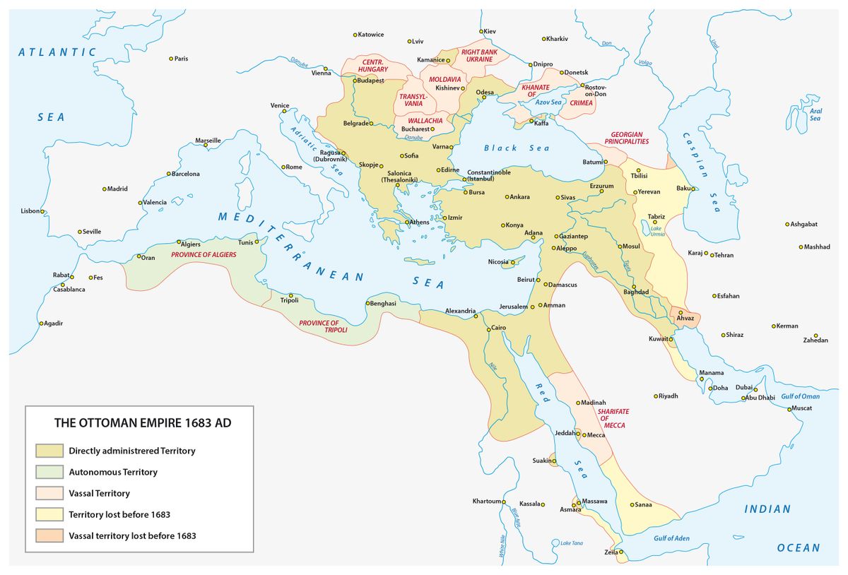 Az Oszmán Birodalom térképe a XVII. század végén.