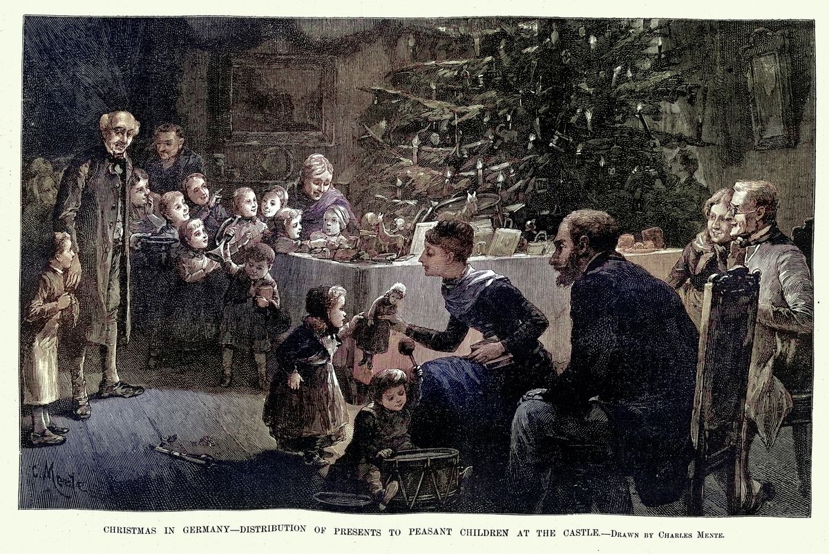 Christmas in Germany, Giving presents to peasant child at the castle, Charity, Christmas tree, Victorian, 1880s 19th Century, Vintage illustration