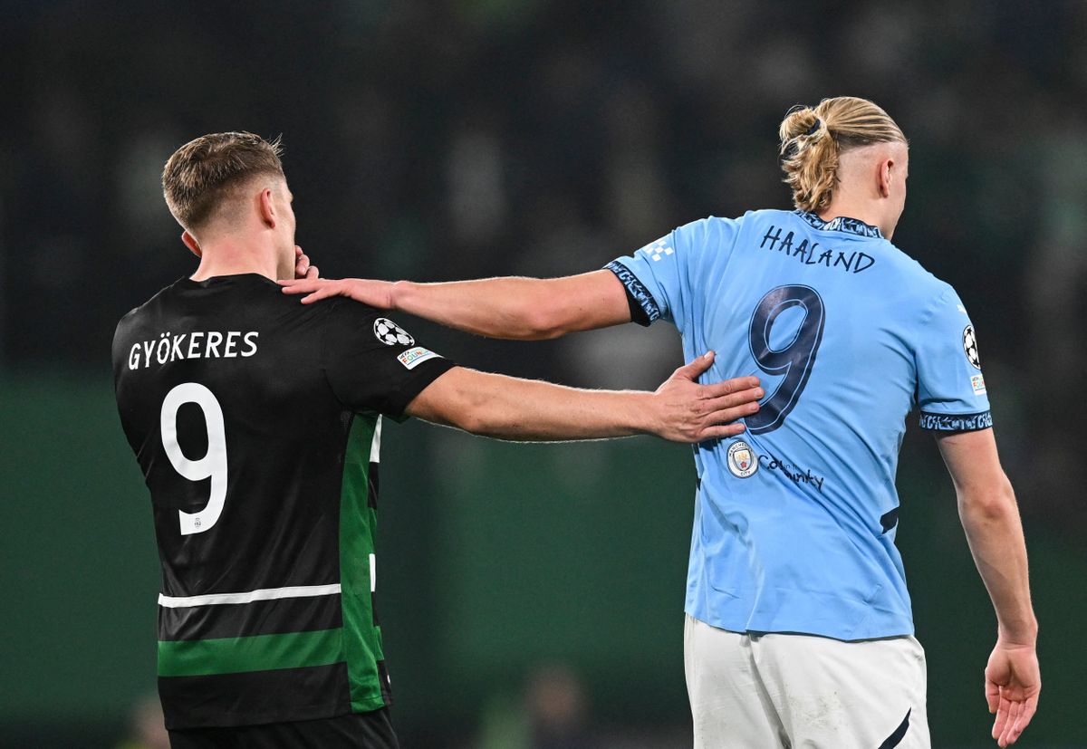 Sporting Lisbon's Swedish forward #09 Viktor Gyokeres greets Manchester City's Norwegian striker #09 Erling Haaland at the end of the UEFA Champions League, league phase day 4 football match between Sporting Lisbon and Manchester City at the Jose Alvalade stadium in Lisbon on November 5, 2024. 