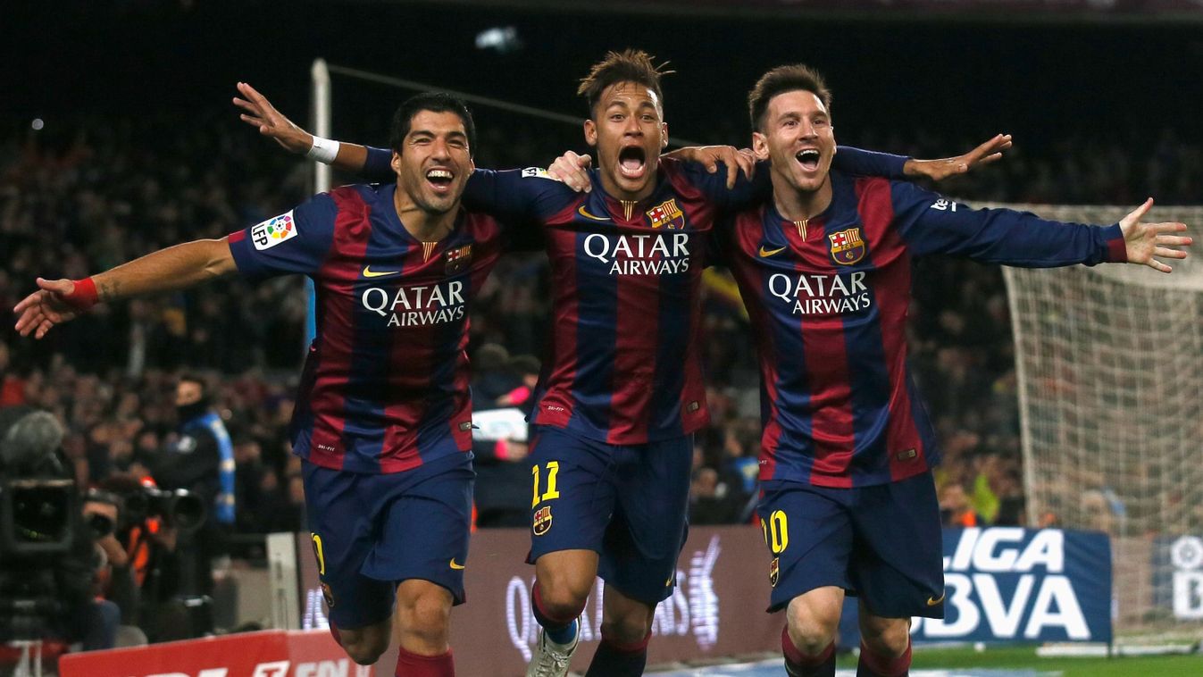 Barcelona's Luis Suarez, Neymar and Lionel Messi celebrate a goal against Atletico Madrid during their Spanish First Division soccer match at Camp Nou stadium in Barcelona