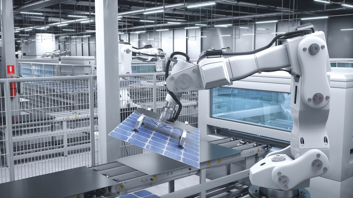 Autonomous,Robot,Arm,In,Cutting,Edge,Solar,Panel,Factory,Maneuvering