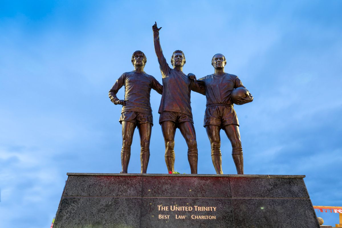 The United Trinity, George Best, Denis Law, Bobby Charlton, Old Trafford, Statue, Manchester United, Greater Manchester, England, United Kingdom, Europe