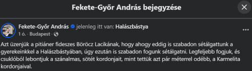 Fekete-Győr András Facebook-bejegyzése.