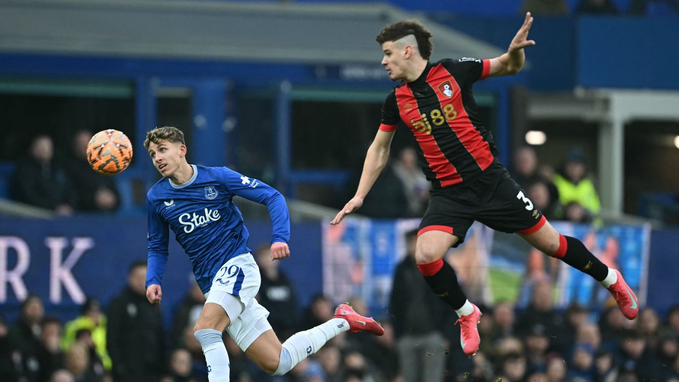 Bournemouth's Hungarian defender #03 Milos Kerkez (R) vie with Everton's Danish midfielder #29 Jesper Lindstrom (L) during the English FA Cup fourth round football match between Everton and Bournemouth at Goodison Park in Liverpool, north-west England on 