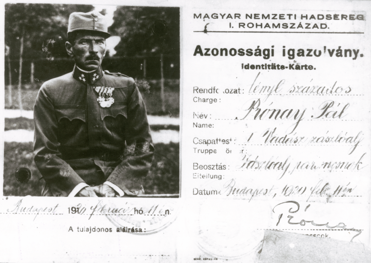 Prónay Pál tiszti igazolványa 1920-ból