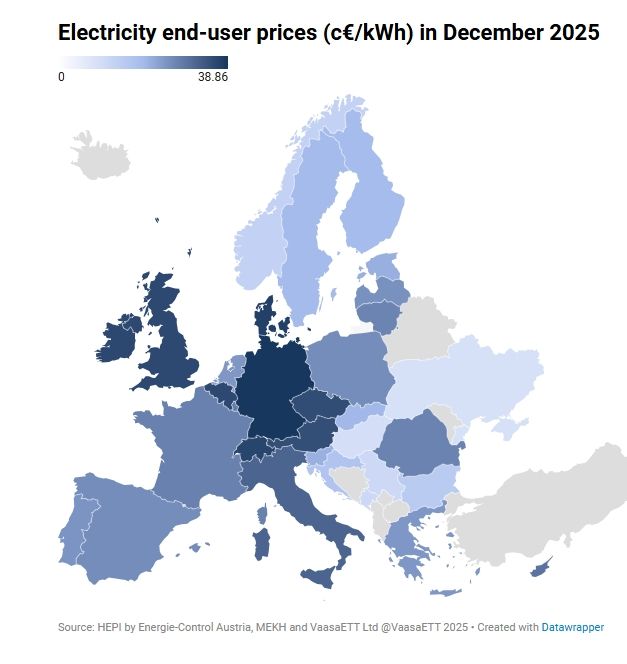 Magyarország a legvilágosabb az Unió áramár-térképén (Forrás: VaasaETT)