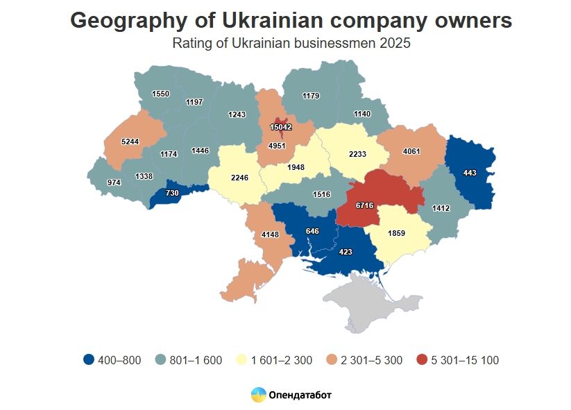 Ukrán oligarchák, cégvezetők és üzletemberek régiónként (Forrás: opendatabot.ua)