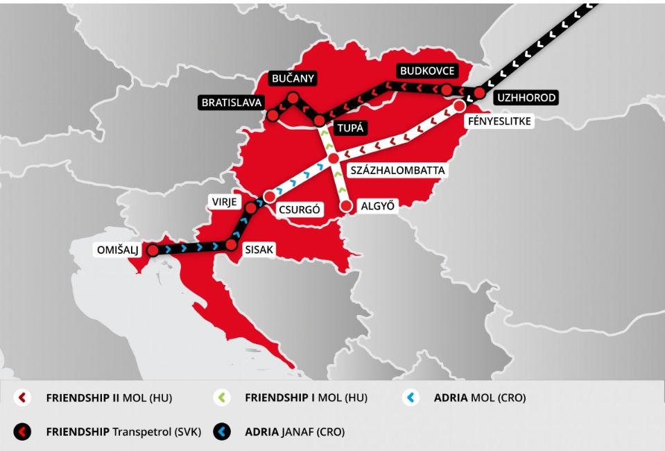 A Magyarországot ellátó vezetékek: az ukrán barátságtalan lépés nehéz helyzetet idéz el hazánkban (Forrás: Mol)
