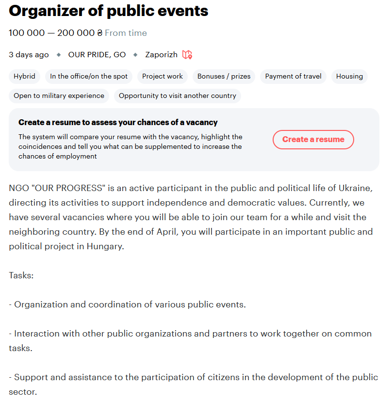 Magyarországi politikai projektre toboroz embereket egy ukrajnai NGO hirdetése