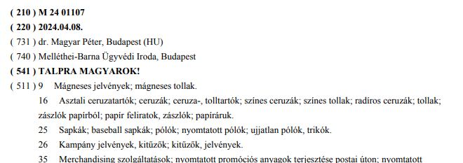 A Talpra Magyarok! és a Melléthei-Barna Ügyvédi Iroda kapcsolata - Forrás: Szabadalmi Közlöny és Védjegyértesítő 129. évfolyam 15. szám